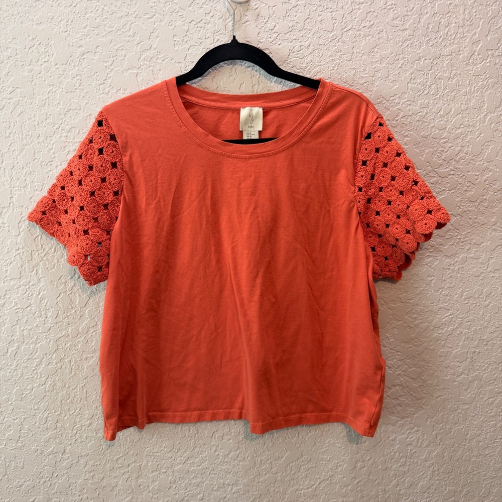Joie Crochet Lace Sleeve‎ T-Shirt Size XL Boho Coral Crewneck Top